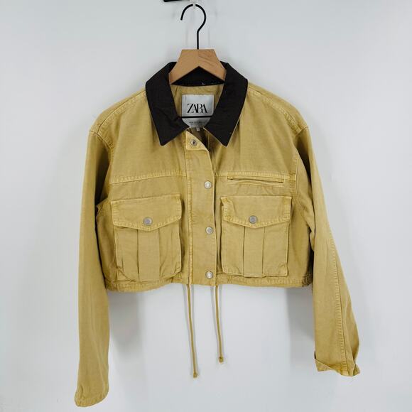 Zara Cropped Utility Barn Jacket Tan Corduroy Contrast Collar Drawstring Hem XS - Picture 7 of 7